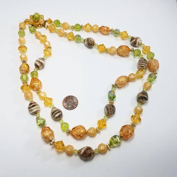 Vintage West Germany Lime & Gold Lucite Art Beads Necklace - Picture 2 of 10